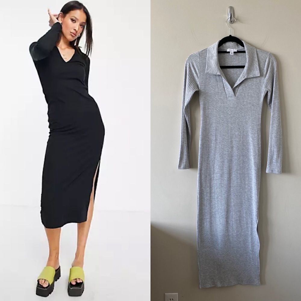 Topshop-Collar Ribbed Jersey Midi Side Slit Grey Dress (Size:4)